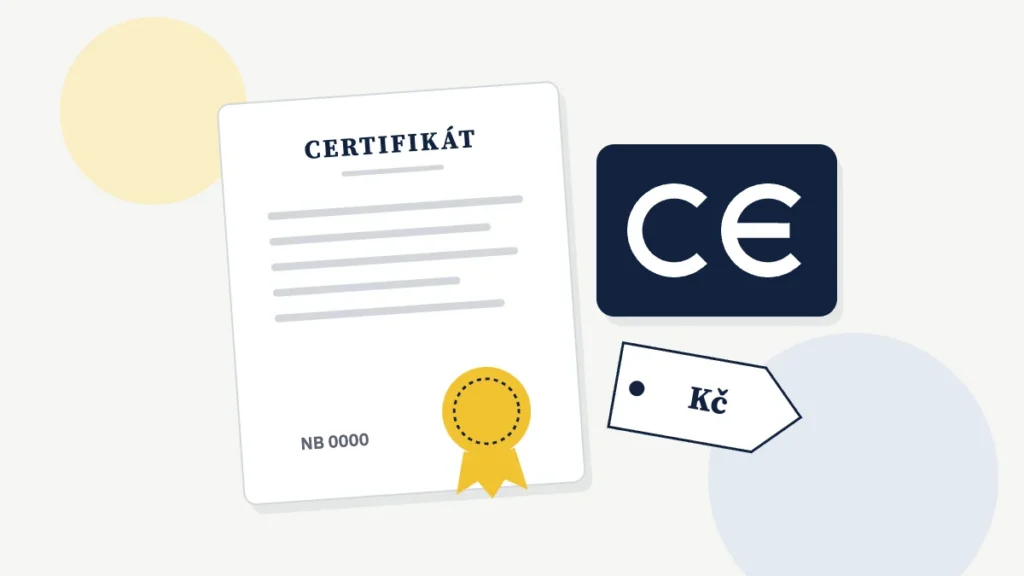 Ilustrace: certifikát s pečetí, značka CE a cenovka