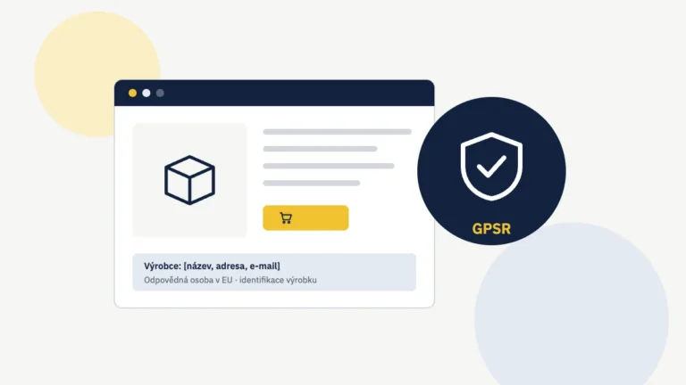 Ilustrace: e-shop s údaji o výrobci a štít GPSR - obecná bezpečnost výrobků